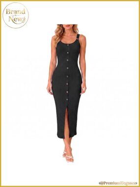 Ribbed Bodycon Midi Dress Sleeveless Button Front Slit Summer Club Dress